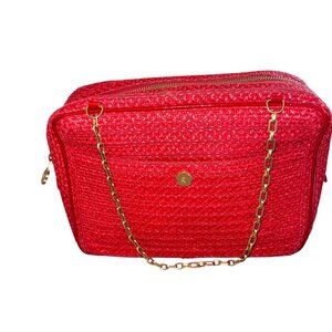 Eric Javitz Womens Chain Bag Red Squishee Raffia Straw